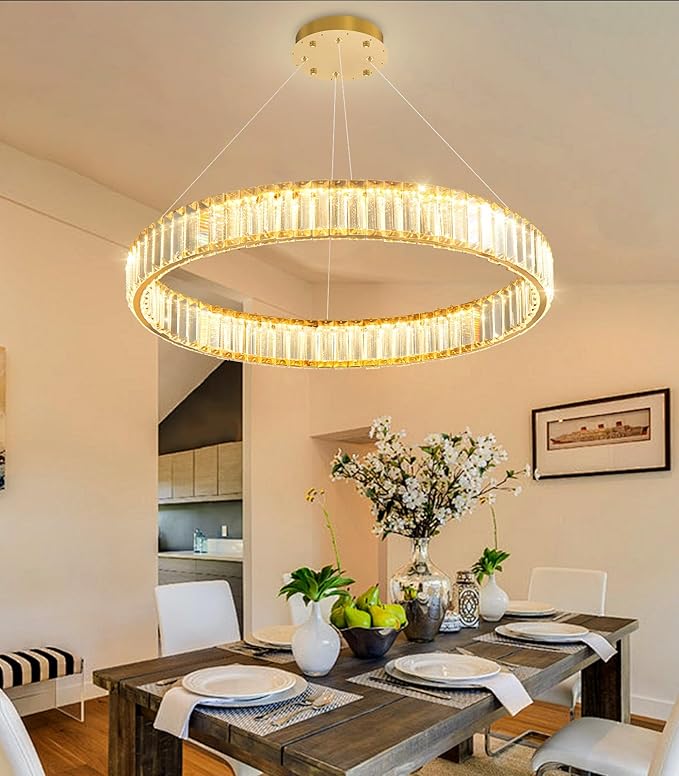 24'' Modern Ring Chandelier Crystal Chandeliers for Dining Room Round LED Dimmable Ceiling Light Fixture for Living Room Bedroom Lighting Gold