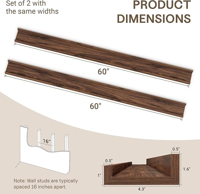 Fun Memories Long Wall Shelves Set of 2-60 Inch Floating Shelves for Wall - Picture Ledge Shelf with Lip for Storage - Wall - Mounted Shelves for Bedroom - Living Room - Kitchen - Walnut Color