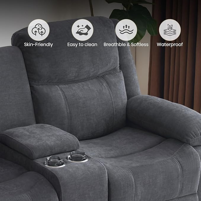 Recliner Sofa, Reclining Loveseat Sofa with Massage & Heat, Reclining Couch with Side Pockets, Extra Storage, Cup Holders for Living Room
