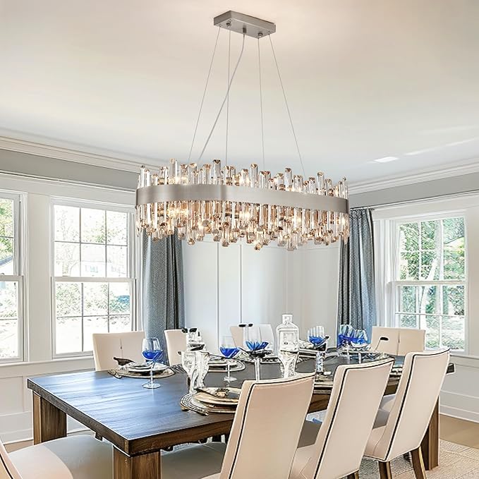 Siljoy Modern Crystal Chandelier, Luxury Rectangular 2-Tiers K9 Crystal Raindrop Chandelier, 16-Light Adjustable Hanging Crystal Ceiling Light for Dining Room Living Room Kitchen L35.4''