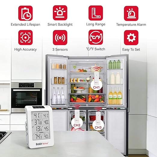 Wireless Freezer Monitor with 3 Sensors, 328ft Long Range Digital Refrigerator Thermometer with Min/Max Temp and Smart Adjustable Backlight, for Home, Garage & Breast Milk, White