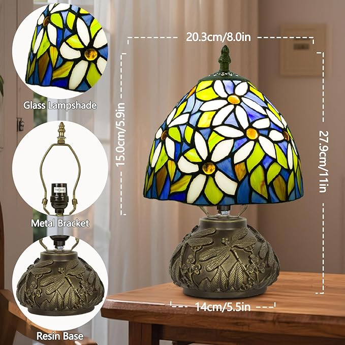 Small Tiffany Table Lamp,Stained Glass Lamp,8 Inch Mushroom Style Mini Vintage Desk Lights for Bedside, Bedroom,Nightstand,Living Room,3 Color Temperature (White Flower)