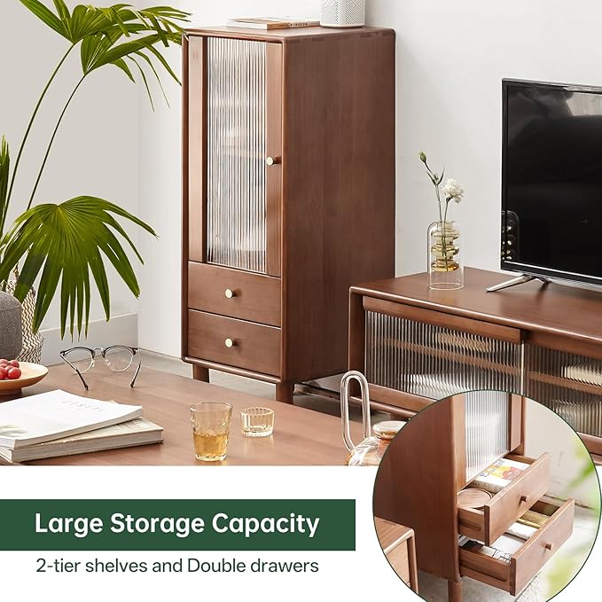 100% Solid Wood Storage Cabinet with Glass Doors and Drawers, Buffet Cabinet with Drawers, for Living Room, Reading Room, Kitchen (14" D x 15" W x 37" H)