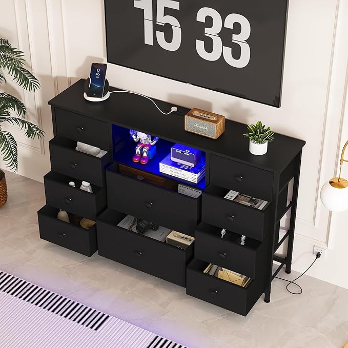 NONGSHIM Dresser with Charging Station and LED Lights, Long Dressers for Bedroom Dresser TV Stand with 10 Drawers, Fabric Chest of Drawers with PU Finish, Wide Dressers Storage Organizer, Black