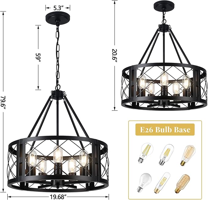 5-Light Farmhouse Chandelier 19.8" Black Rustic Chandelier for Dining Room Wood Texture Adjustable Pendant Light Fixture for Kitchen Island Entryway Bedroom Hallway