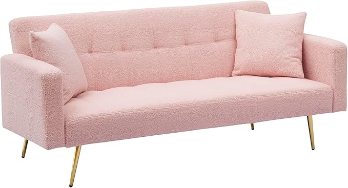 Eafurn Tufted Futon Sofa Bed, Teddy Futon Loveseat Couch Adjustable Recliner Sleeper Sofa Bed with Golden Metal Legs and 2 Pillows for Living Room, Apartment, Office,Small Love Seat | Golden Legs, Wood Frame