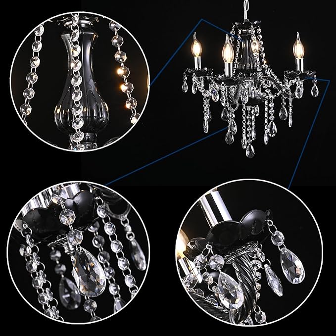 YYSHCHEN Small Black Crystal Chandelier,Mini Black Glass Chandelier for Dining Room,Bedroom, Living Room