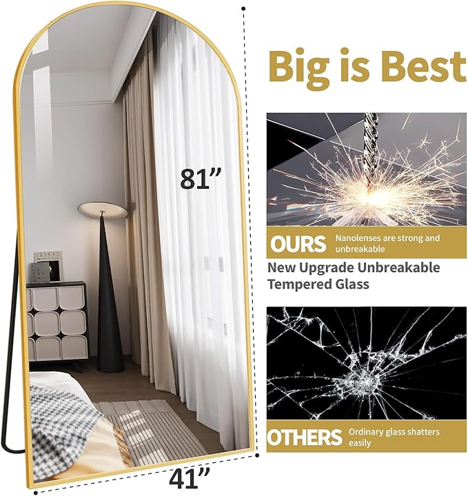 81"x41" Arched Full Length Mirror - Extra Large Floor Standing/Wall Mounted Mirror with Stand, Shatter-Resistant Gold Aluminum Frame for Bedroom, Living Room & Dressing Area