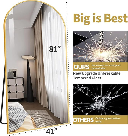 81"x41" Arched Full Length Mirror - Extra Large Floor Standing/Wall Mounted Mirror with Stand, Shatter-Resistant Gold Aluminum Frame for Bedroom, Living Room & Dressing Area