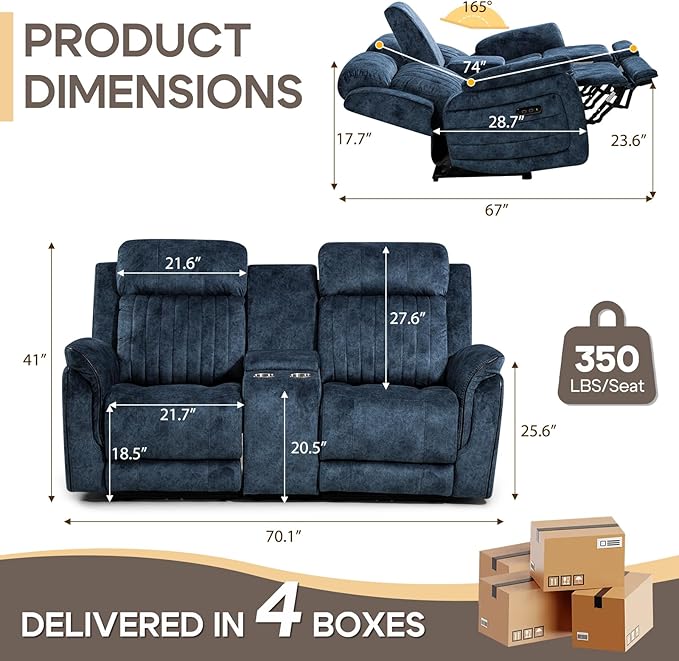 Zero Gravity Power Reclining Loveseat Sofa with Adjustable Headrests, Power Loveseat Recliner with Console, Electric 2-Seater Recliner Couch with Charging Port for Living Room (Velvet, Blue)