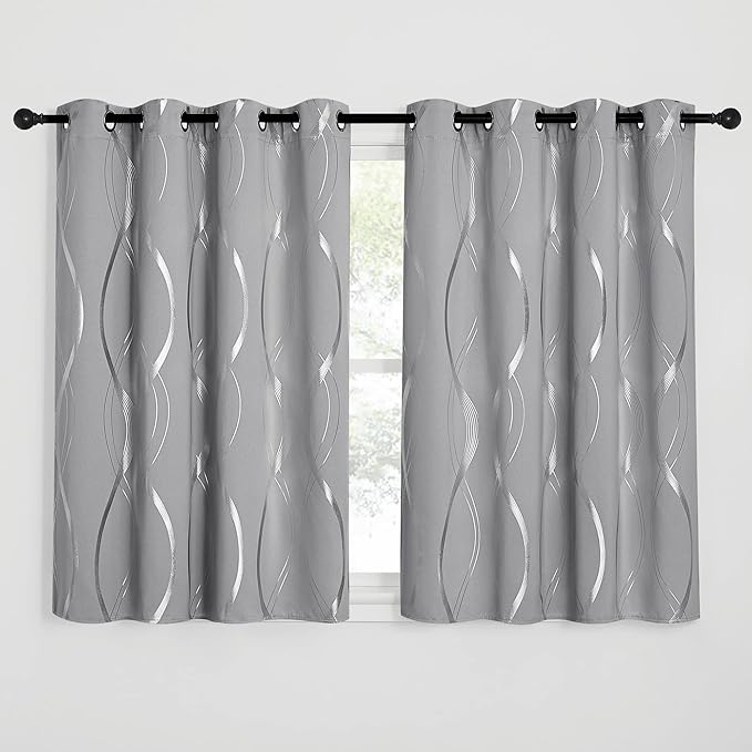 NICETOWN Short Curtains Blackout Panels for Bedroom, Noise Reducing Thermal Insulated Wave Line Foil Print Design Blackout Curtains for Office, Classroom (2 Panels, 52 x 45 Inch, Silver Gray)
