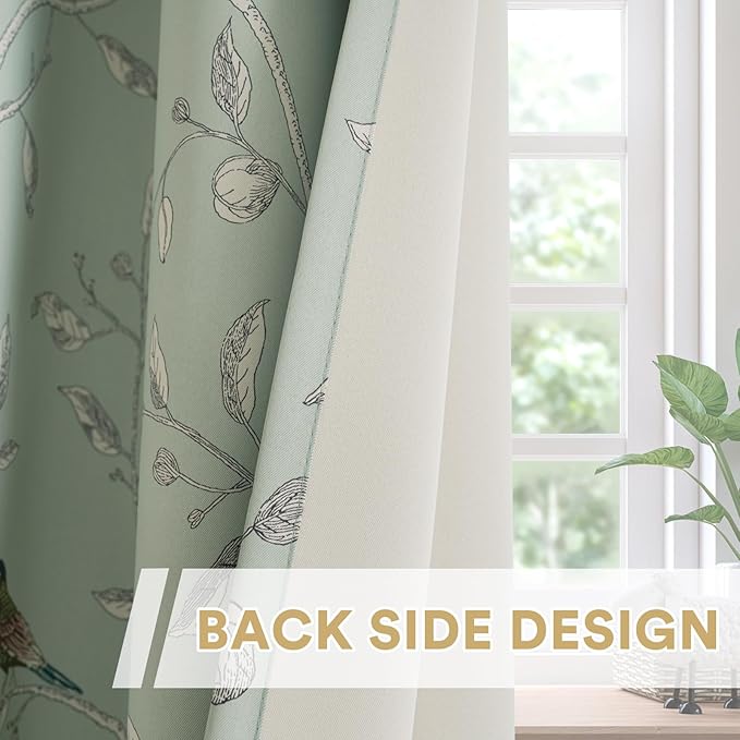 H.VERSAILTEX Blackout Curtains for Bedroom 96 Inches Length Thermal Insulated Birds Rustic Printed Curtain Drapes for Living Room Energy Efficient Room Darkening Home Decoration Pair 2 Panels, Sage