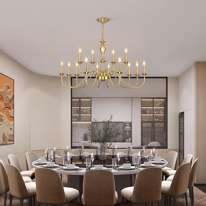 15 Light Gold Chandelier | Large Farmhouse Chandeliers for Dining Room Light Fixtures Over Table | Industrial Candle Hanging Lighting for Foyer | Staircase | Bedroom | Kitchen Island | Restaurants