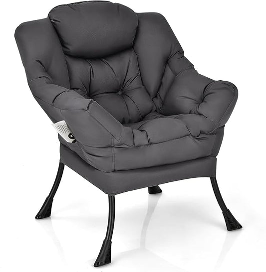 KOMFOTT Modern Accent Chair, Soft Upholstered Lazy Sofa with Side Pocket & Armrests, Single Sofa Armchair, Leisure Sofa Chair for Living Room, Bedroom, Gray