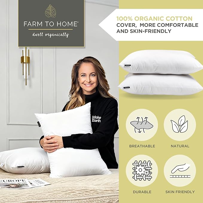 Farm to Home Feather and Down Pillows, 100% Organic Cotton Cover Pillows, Luxury Hotel Collection Bed Pillows for Sleeping, 20" x 36" King Size Set of 2