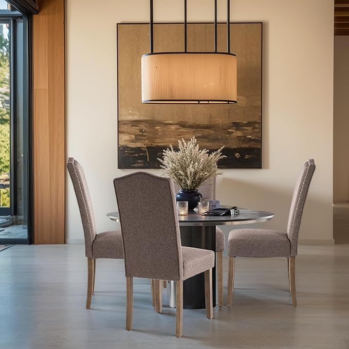 Upholstered Dining Chair Stylish Parsons Kitchen High Back with Silver Nailhead Trim & Wood Legs, 6-Pack, Fabric Brown