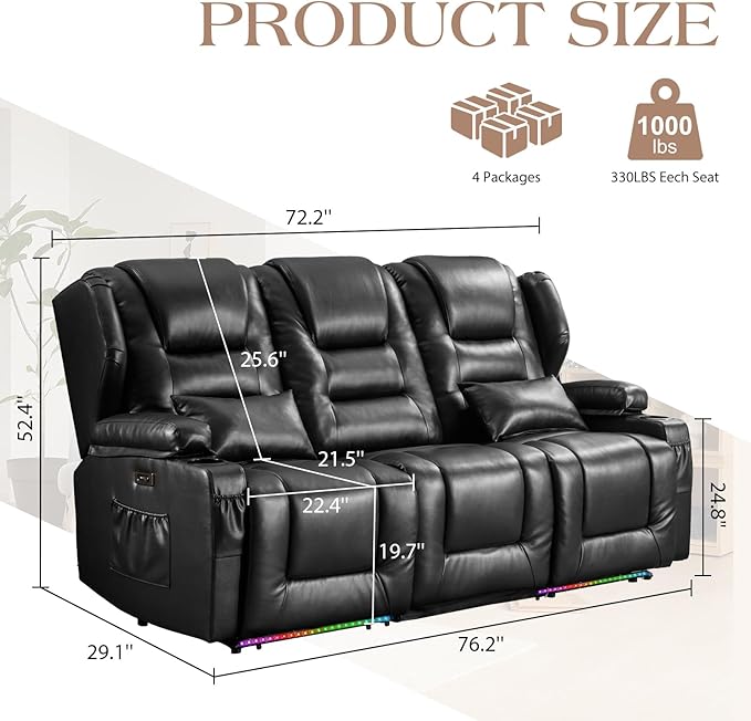Oprisen 3-Seater Power Recliner Sofa Couch Flip Middle Backrest Reclining Sofa Chair for Living Room with Charging Station/Cup Holders/LED Ambient Light