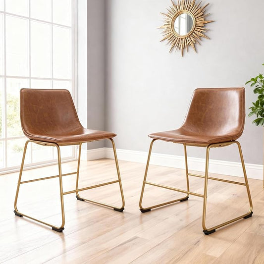 Signature Design by Ashley Lexadine Industrial Faux Leather Upholstered 30" Bar Height Dining Chair, Set of 2, Light Brown & Gold