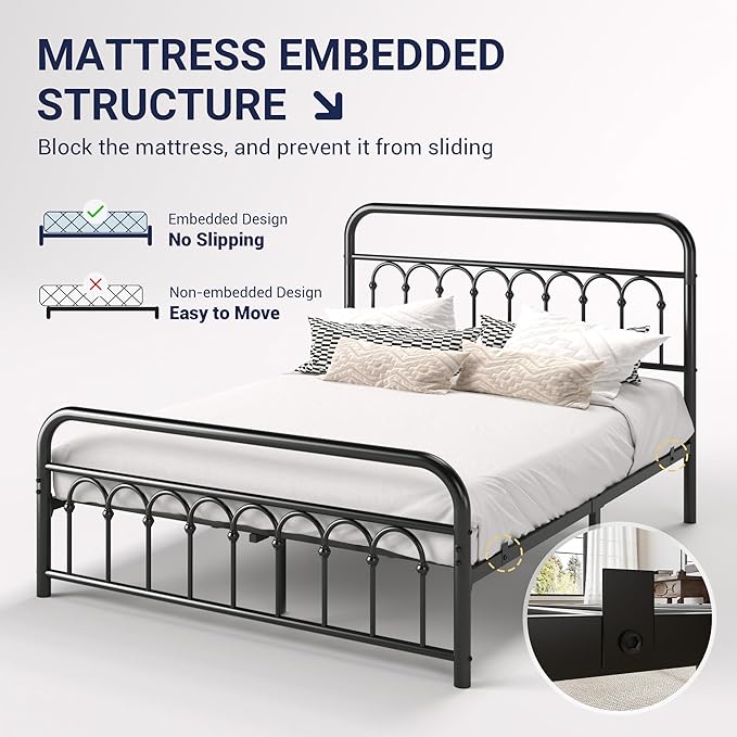 Allewie 14 Inches Queen Size Metal Platform Bed Frame with Victorian Style Curved Iron-Art Headboard/Footboard, Metal Slats Support, Easy Assembly, Under Bed Storage, No Box Spring Required, Black
