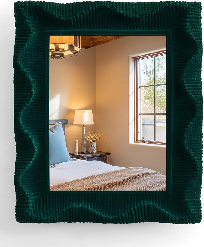 Green Wavy Mirror for Living Room Wall Decor, 14x12 Flocking Hallway Accent Mirror for Bathroom Dining Room Hotel Coffee Book Shop, Aesthetic Room Stylers (Emerald Green)