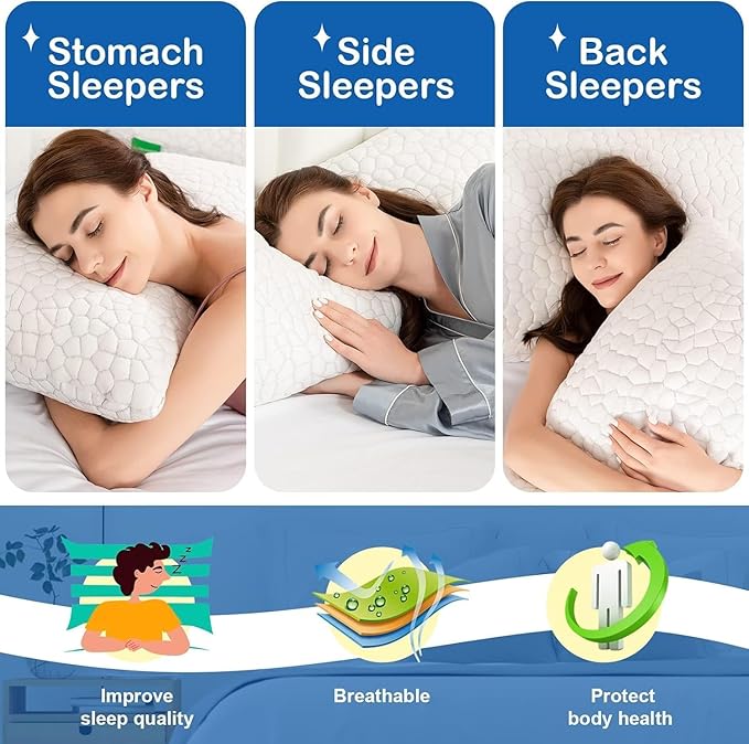Cooling Pillow Queen Size Set of 2, CertiPUR-US Shredded Memory Foam Pillows, Cool Bed Pillows for Hot Sleepers Sleeping, Adjustable Firm Pillow for Side,Back,Stomach Sleepers,Sleep Gift for Mom