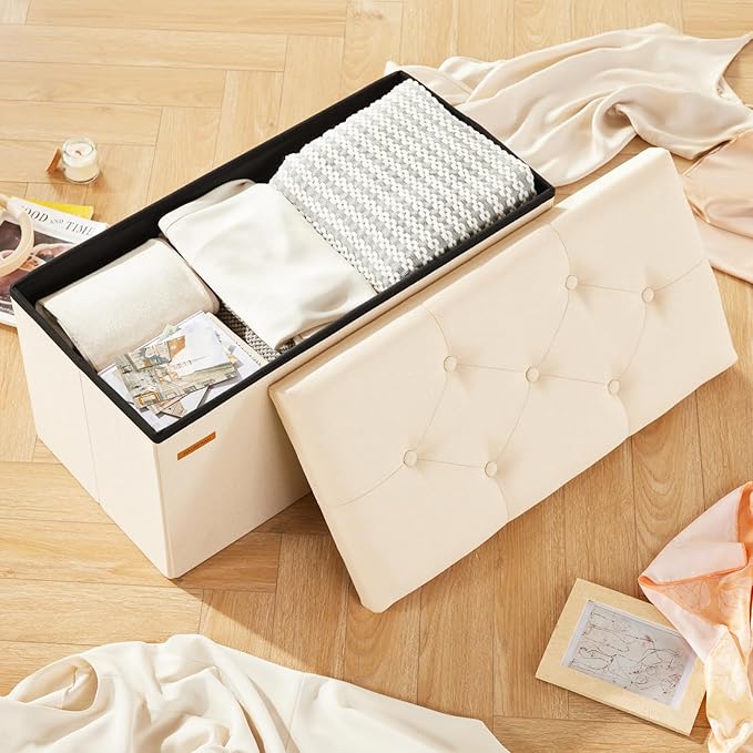 HAUSFRAU - Storage Ottoman Bench, 30 Inches Button Tufted Upholstered Ottoman Footstool with Storage for Living Room Bedroom Entryway, Load 660 lb, Linen Beige
