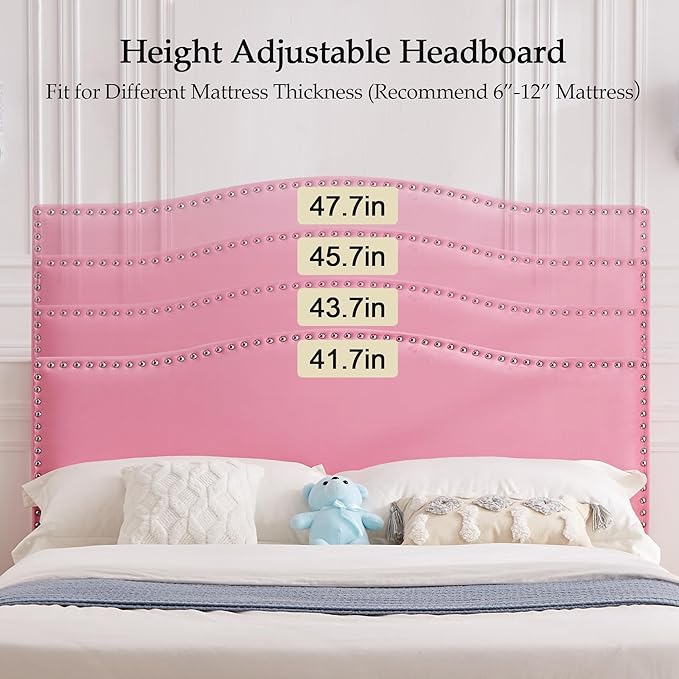VECELO Queen Bed Frame, Platform Bed Frame with Adjustable Height Upholstered Headboard, Heavy-Duty Frame and Strong Wooden Slats Support, Non-Slip and Noise-Free, Easy Assembly, Pink
