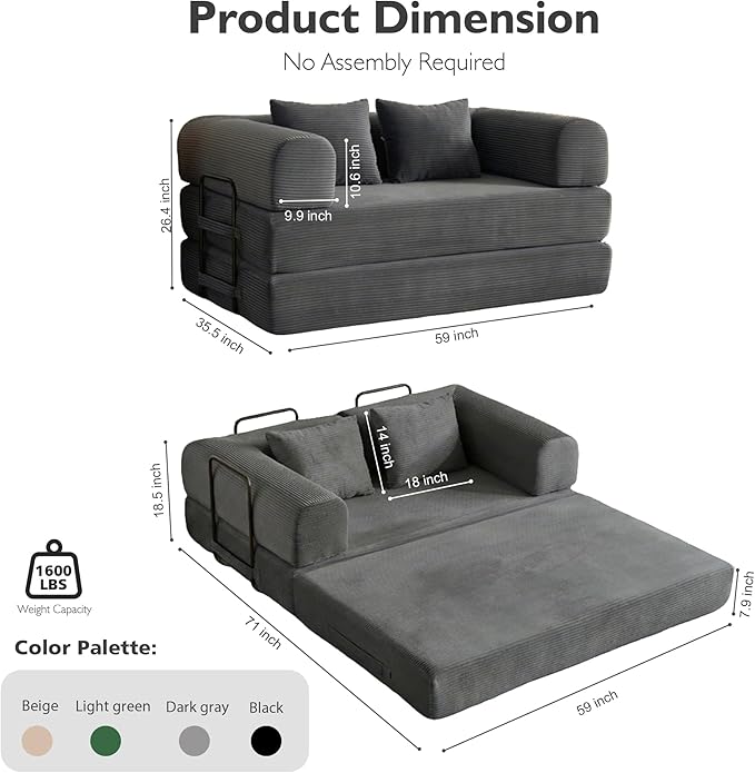 59in Convertible Sofa Bed, Corduroy Boneless Couch Bed, Futon Sleeper Sofa Pull Out Bed, Foldable Couch for Living Room Apartment, No Assembly Required