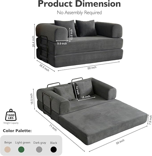 59in Convertible Sofa Bed, Corduroy Boneless Couch Bed, Futon Sleeper Sofa Pull Out Bed, Foldable Couch for Living Room Apartment, No Assembly Required