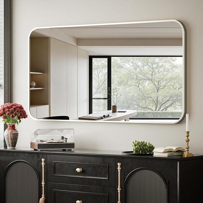 BEAUTYPEAK 26" x 38" Silver Aluminum Alloy Frame Rectangle Vanity Mirror, Wall Mounted Bathroom Mirror with Rounded Corners for Farmhouse, Restroom, Entryway, Horizontal or Vertical Hanging