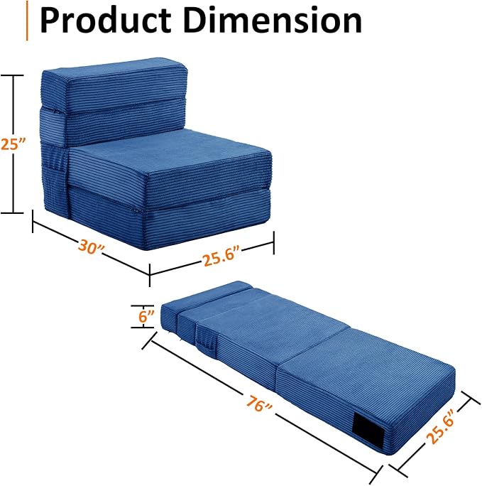 JKMAX Single Size Folding Sofa Bed - 4 in 1 Convertible Sleeper Chair - High Density Memory Foam Futon Couch - Foldable Bed for Living Room Bedroom (Blue)