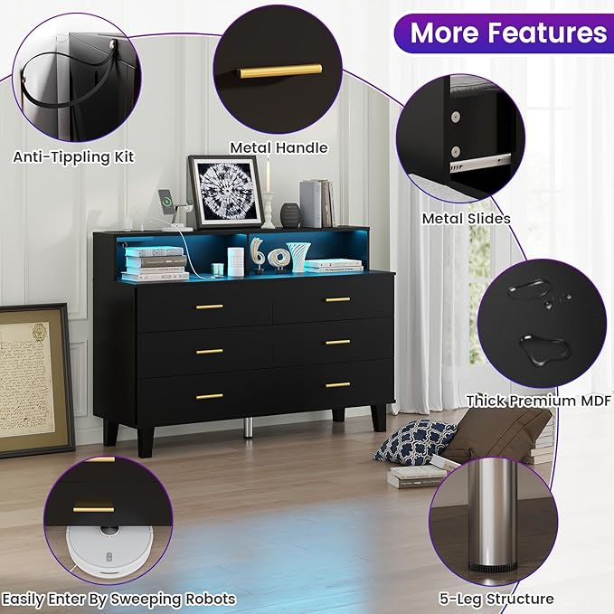 Black Dresser with LED Lights, 6 Drawer Dresser with Power Outlet for Bedroom, Large Wooden Chest of Drawers, Organizer Cabinet for Bedroom,Living Room,Hallway, Entryway