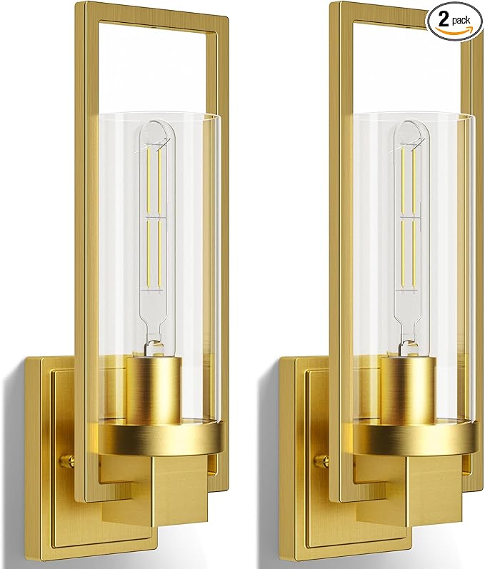 CINOTON Golden Wall Sconces Set of 2, 15" Brushed Gold Wall Mounted Lamp, Hardwired AC 120V Wall Sconces Vintage Vanity Light Fixtures with Clear Glass, Wall Lights for Living Room, Hallway, Bedroom