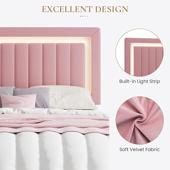 SHA CERLIN Full Size Velvet Bed Frame with LED Light, Adjustable Vertical Channel Tufted Headboard, Strong Wooden Slats Support, Noise-Free, No Box Spring Needed, Pink