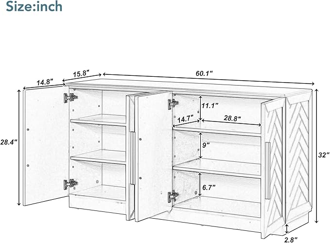 Ball & Cast 60.1" Sideboard Buffet Cabinet with Storage,Modern Coffee Bar Cabinet with 4 Doors and Adjustable Shelves,Wood Side Board Table with Silver Handles for Living Room,White