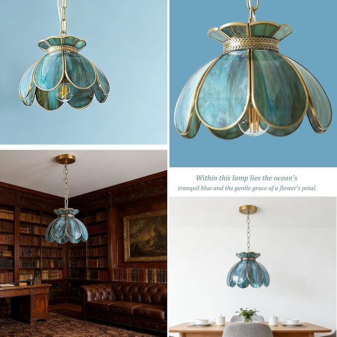 Brass Glass Ceiling Pendant Light, Hanging Chain lamp, with Vintage Lotus Flower Blue Green Glass Shade for Kitchen Island Dining Room Bedroom Living Room-7.9" Shade