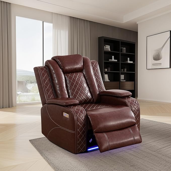 Power Leather Recliner Sofa Set with LED Light,Reclining Sofa and Chair Set with USB,Leather Couch Set for 3 Seater Couch with Coffee Table/Single Recliner 2 PCS for Living Room(Red,3+1)