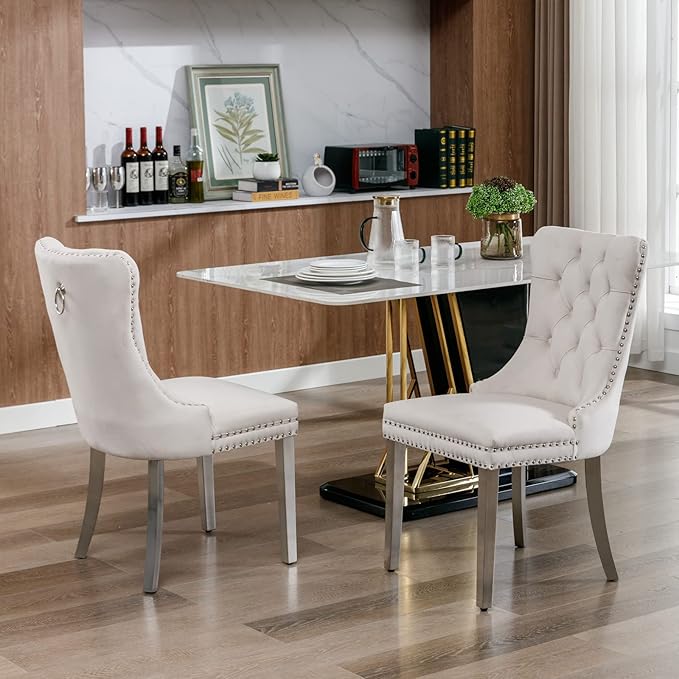 Solid Wood Dining Chair with Nailhead Trim,Velvet Upholstered W/Chrome Stainless Steel Plating Legs,Set of 2,for Living Room,Apartemnt,Beige and Chrome