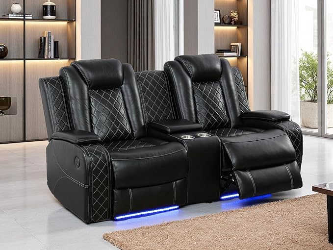 Living Room Furniture Set, Black Breathing Leather Sofa Couch, Living Room Sofa Set Power Recliner Loveseat with 2 Reclining Seats/Cup Holders/Storage Console/LED Light for Office, Home Theater