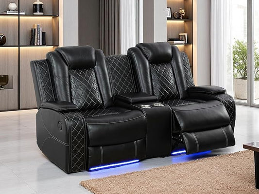 Living Room Furniture Set, Black Breathing Leather Sofa Couch, Living Room Sofa Set Power Recliner Loveseat with 2 Reclining Seats/Cup Holders/Storage Console/LED Light for Office, Home Theater