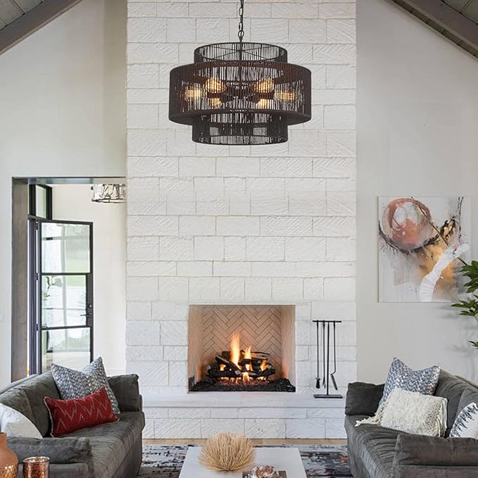 Hand-Woven Rattan Chandelier Vintage 6-Light Farmhouse Boho Bamboo Chandeliers Light Fixture 23.6" Retro 3-Tier Drum Wicker Rattan Black Chandelier for Dining Room, Kitchen Island, Bedroom