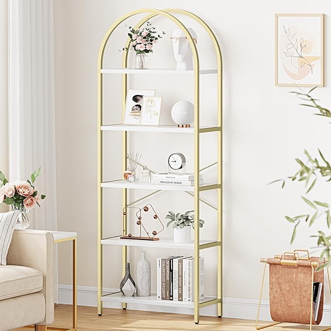 GAOMON Arched Bookshelf 5 Tier Bookcase 70.87in Tall Display Racks Modern Standing Bookshelves Metal Book Shelf for Bedroom, Living Room, Home Office