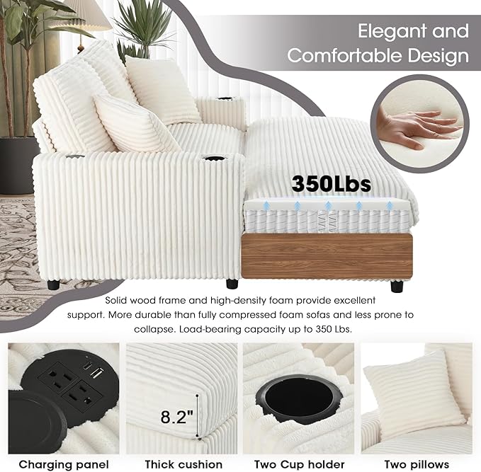 Eafurn 64" Oversized Chaise Lounge Chair Indoor, Plush Corduroy Upholstered Sofa Bed with Pillows & 2 Cup Holders, Extra Wide Deep Seat Sleeper Couch Recliner Chair for Living Room | Removable Cushions, Wooden Frame, Solid Legs