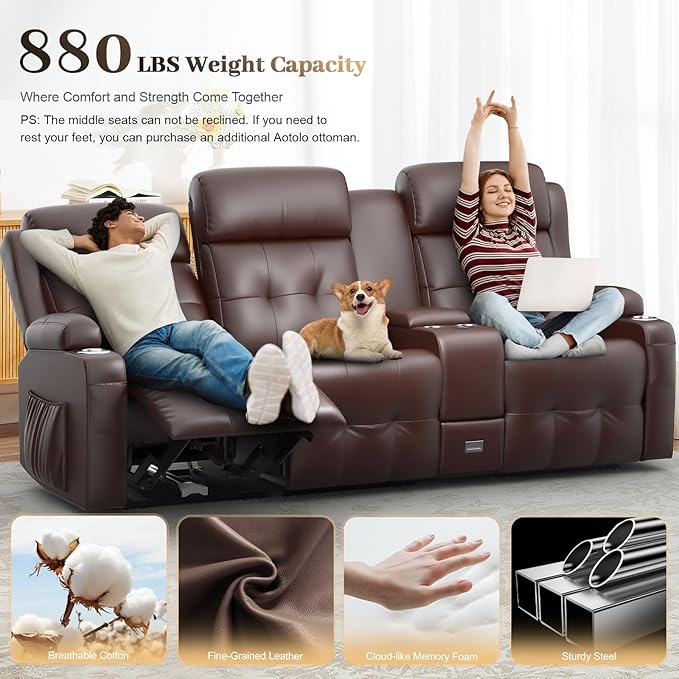Recliner Sofa, 3 Seater Massage Reclining Loveseat Sofa Sets, 2 Single Power Recliner Chairs Heat & Massage, Heavy Weight Capacity, RV Clearance Love Seat Couch with Console, USB, Type C Port