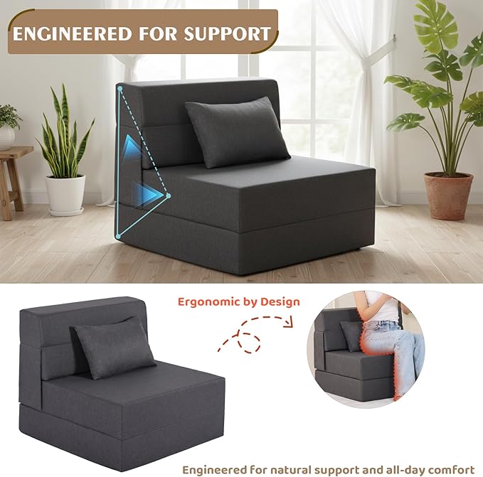 Fvkind Folding Sofa Bed, Foldable Sleeper Chair with Pillow, Convertible Fold Out Chair Bed with Washable Cover, Foldable Mattress for Living Room, Bedroom, Guest Room, Single Size, Dark Grey