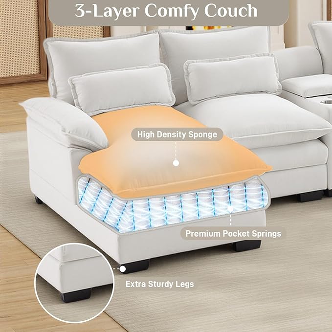 124" Oversized U Shaped Cloud Couch Modular Sectional Couches for Living Room Comfy Chenille Deep Seat Sofa Set with Double Chaise Lounge, Storage Central Console, USB Port, Cup Holders, Beige