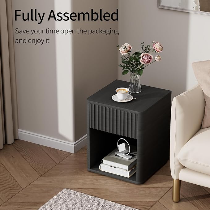 VICITON Fluted Narrow Night Stand,Thin Nightstand with Leather Surface, Small End Table with Storage, Living Room/Bed Side Table for Small Spaces (Dark Gray, Large)