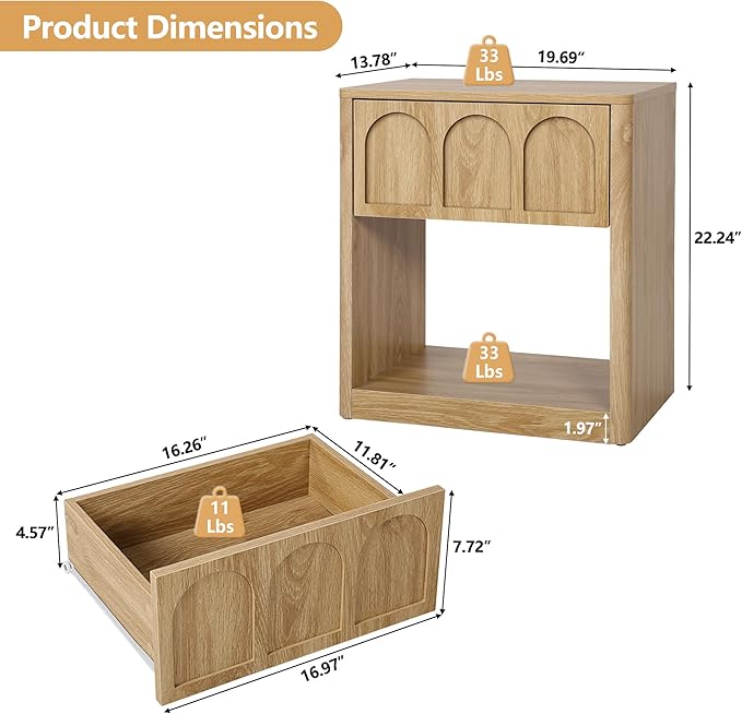 Small Nightstand Set of 2 with Storage, Accent Bedside Nightstand with Drawer, Mid Century Modern Bedroom Bed Side Table for Small Spaces, Dorm, Living Room, Couch Sofa Chair - Natural