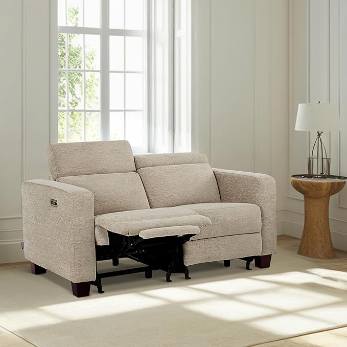 MCombo 62.2'' Reclining Loveseat, Wall Hugger Power Loveseat Recliner Sofa with Adjustable Headrest, USB A & C Charge Ports, Wood Legs, for Living Room (Fabric, HL198M1) (Beige)