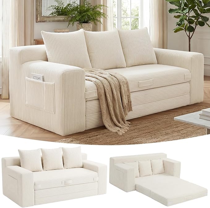 Boneless Couch,3 Seater Boneless Couch Bed – 3-in-1 Convertible Sleeper Sofa with Side Pockets & Handle,Pull Out Corduroy Futon for Small Space,Living Room & Bedroom, 3 Pillows Included,No Assembly